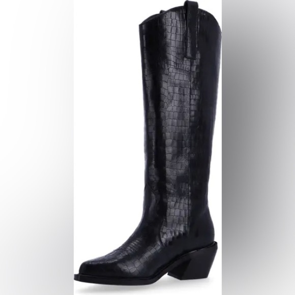 Alohas Mount Alli Croc Embossed Western Boot Black Leather Chunky Heel Sz 37 - Picture 2 of 15